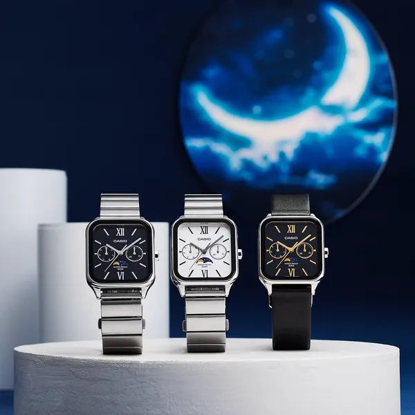 Casio MTP-M305D-1A2 férfi karóra, acél szíj, fekete számlap, WR50, holdfázis