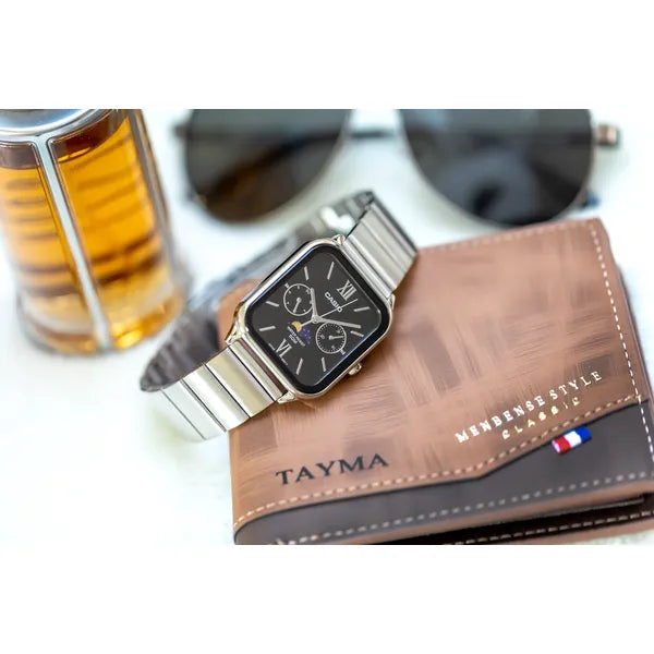 Casio MTP-M305D-1A2 férfi karóra, acél szíj, fekete számlap, WR50, holdfázis