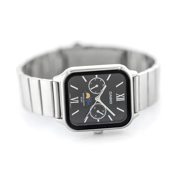 Casio MTP-M305D-1A2 férfi karóra, acél szíj, fekete számlap, WR50, holdfázis