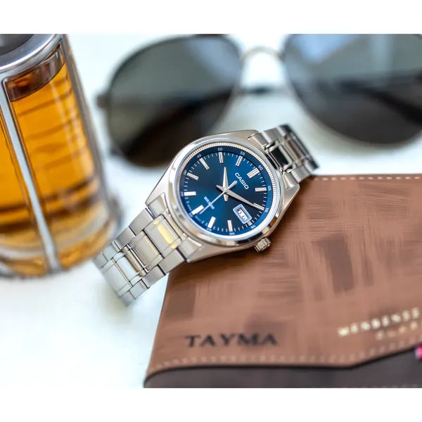 Casio MTP-B180D-2A férfi karóra, acél szíj, kék számlap, WR50, 41 mm
