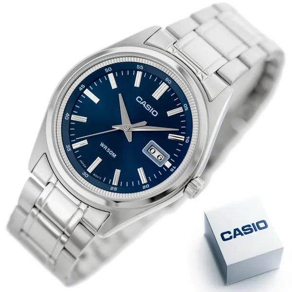 Casio MTP-B180D-2A férfi karóra, acél szíj, kék számlap, WR50, 41 mm