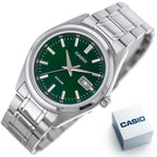 Casio MTP-B180D-3A férfi karóra, zöld számlap, acél szíj, WR50, díszdoboz