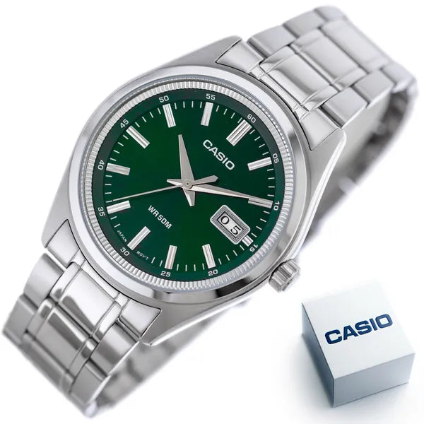 Casio MTP-B180D-3A férfi karóra, zöld számlap, acél szíj, WR50, díszdoboz
