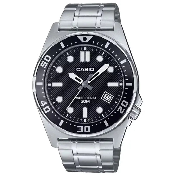Casio MTD-135D-1A férfi karóra, fekete számlap, acél szíj, WR50, díszdobozzal