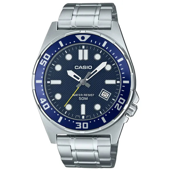 Casio MTD-135D-2A férfi karóra, acél szíj, kék számlap, WR50 + díszdoboz