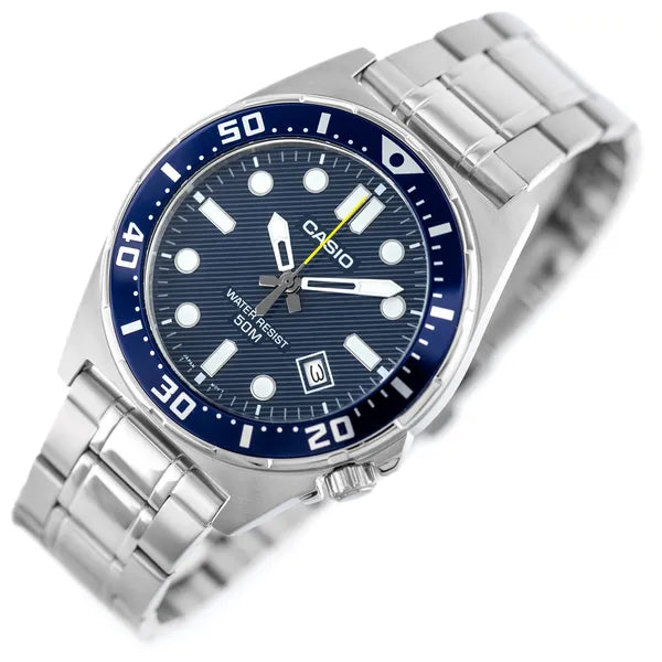 Casio MTD-135D-2A férfi karóra, acél szíj, kék számlap, WR50 + díszdoboz