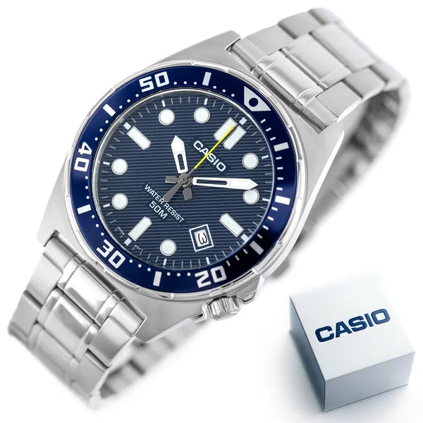 Casio MTD-135D-2A férfi karóra, acél szíj, kék számlap, WR50 + díszdoboz