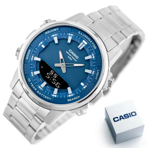 Casio AMW-880D-2A1 férfi karóra, 47 mm, kék számlap, acél szíj, WR50