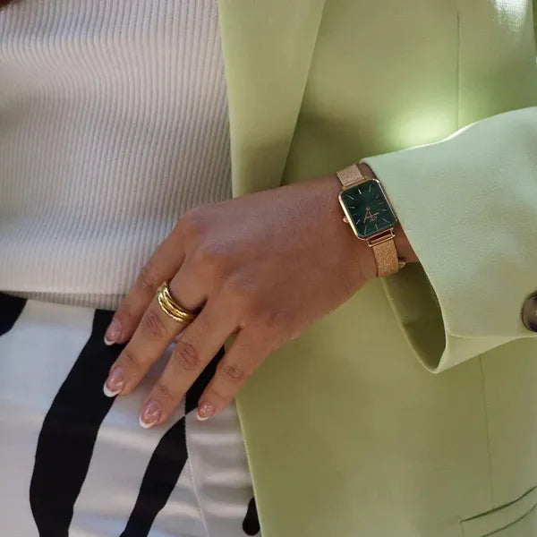 Daniel Wellington Quadro női kvarc karóra, zöld téglalap, arany acél, 20 mm