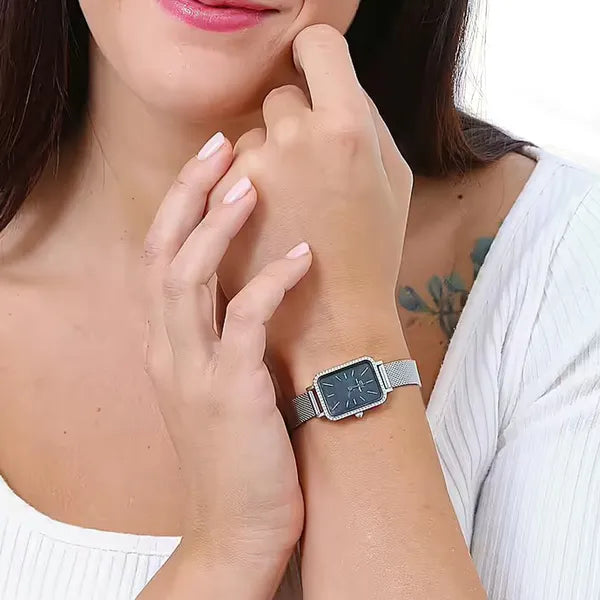 Daniel Wellington DW00100667 Quadro női karóra, ezüst hálós, fekete számlap