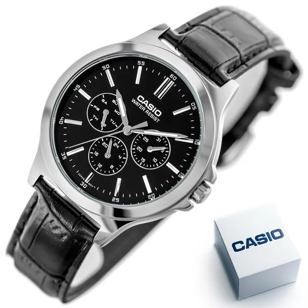 Casio MTP-V300L-1A férfi karóra, 41 mm, fekete számlap, bőr szíj