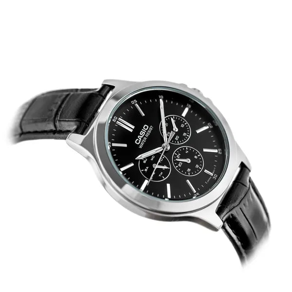 Casio MTP-V300L-1A férfi karóra, 41 mm, fekete számlap, bőr szíj