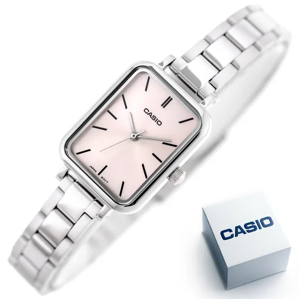 CASIO LTP-V009D-4E női karóra, téglalap tok, acél szíj, rózsaszín számlap, WR30