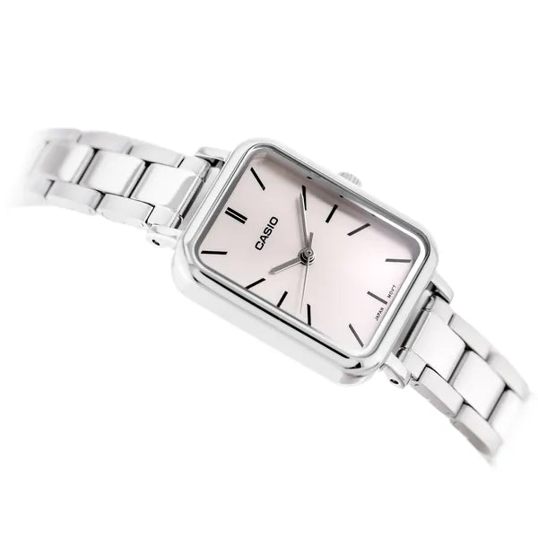 CASIO LTP-V009D-4E női karóra, téglalap tok, acél szíj, rózsaszín számlap, WR30