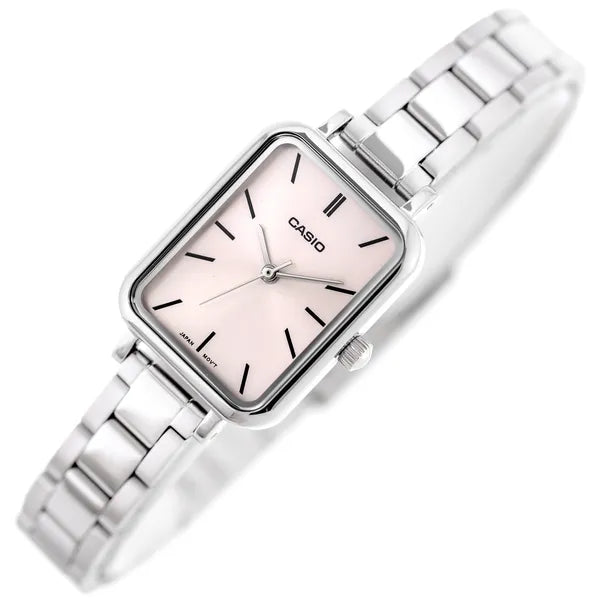CASIO LTP-V009D-4E női karóra, téglalap tok, acél szíj, rózsaszín számlap, WR30