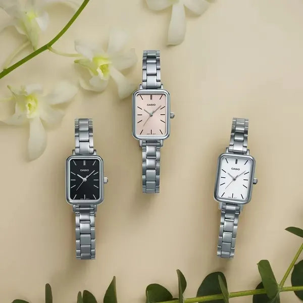 CASIO LTP-V009D-4E női karóra, téglalap tok, acél szíj, rózsaszín számlap, WR30
