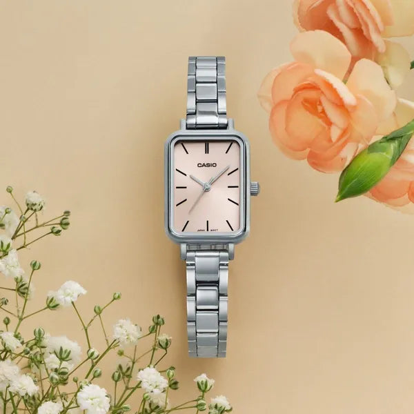 CASIO LTP-V009D-4E női karóra, téglalap tok, acél szíj, rózsaszín számlap, WR30