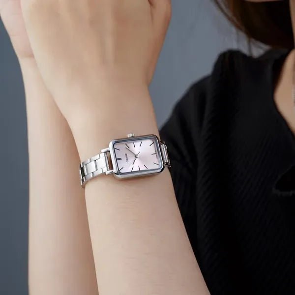 CASIO LTP-V009D-4E női karóra, téglalap tok, acél szíj, rózsaszín számlap, WR30