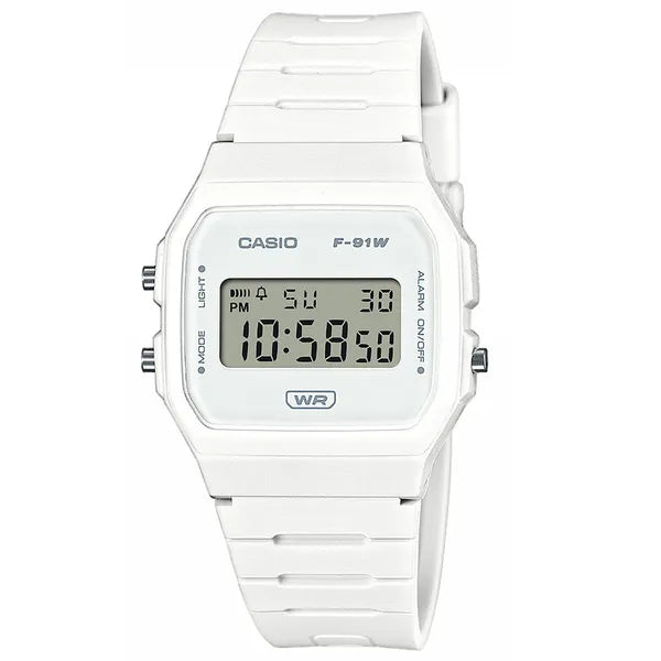 Casio F-91WB-7A férfi digitális karóra, fehér, 38 mm, WR100, díszdoboz