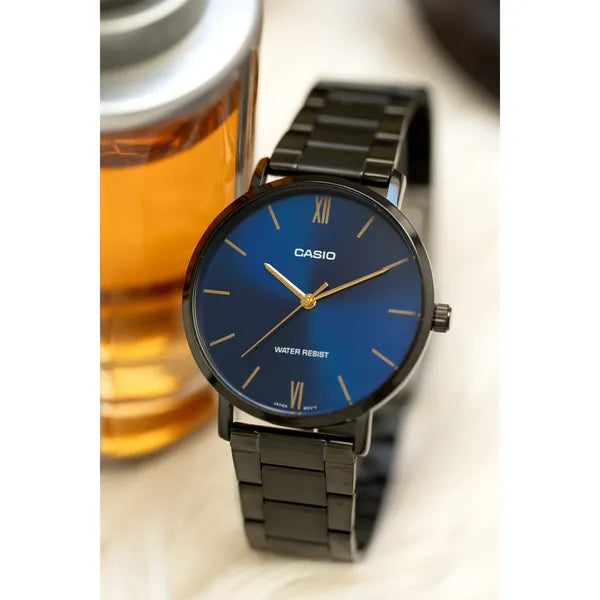 Casio férfi karóra MTP-VT01B-2B, 40 mm, kék számlap, fekete acél, WR30