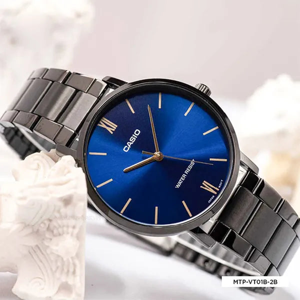 Casio férfi karóra MTP-VT01B-2B, 40 mm, kék számlap, fekete acél, WR30