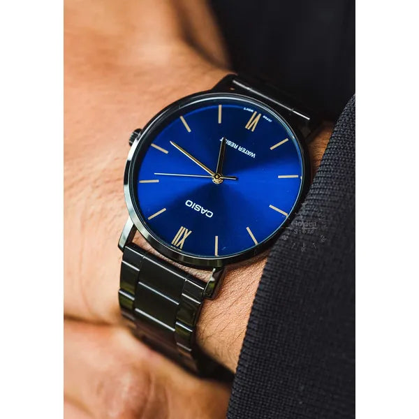 Casio férfi karóra MTP-VT01B-2B, 40 mm, kék számlap, fekete acél, WR30