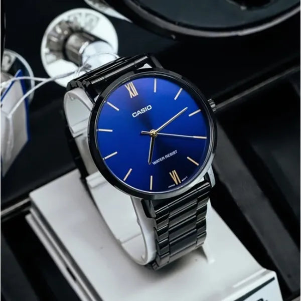 Casio férfi karóra MTP-VT01B-2B, 40 mm, kék számlap, fekete acél, WR30