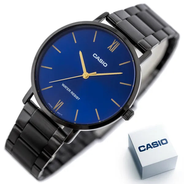 Casio férfi karóra MTP-VT01B-2B, 40 mm, kék számlap, fekete acél, WR30
