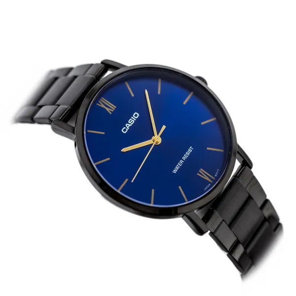 Casio férfi karóra MTP-VT01B-2B, 40 mm, kék számlap, fekete acél, WR30
