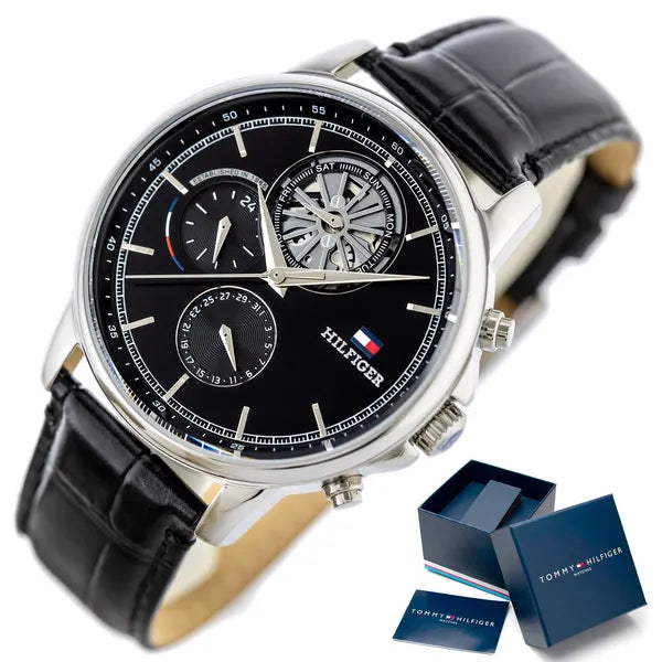 Tommy Hilfiger 1710605 férfi karóra, fekete bőr szíj, 44 mm, 5 ATM, doboz