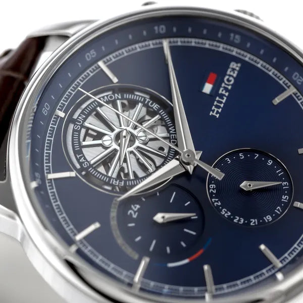 Tommy Hilfiger 1710629 férfi karóra, kék számlap, barna bőr szíj, 44 mm, kvarc