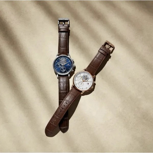 Tommy Hilfiger 1710629 férfi karóra, kék számlap, barna bőr szíj, 44 mm, kvarc