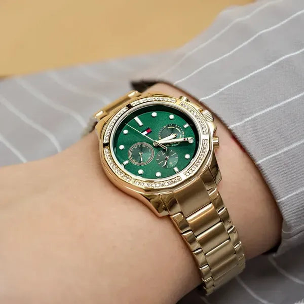 Tommy Hilfiger Brooklyn női karóra, 41 mm, arany acél, zöld számlap, WR50