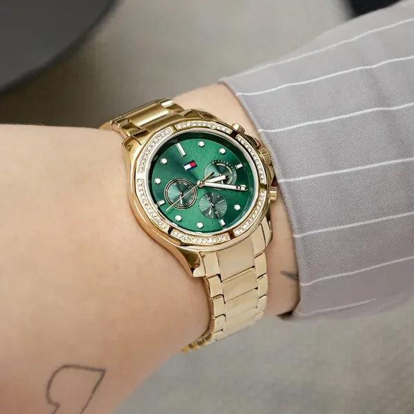 Tommy Hilfiger Brooklyn női karóra, 41 mm, arany acél, zöld számlap, WR50