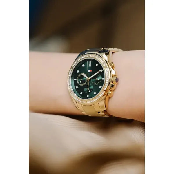 Tommy Hilfiger Brooklyn női karóra, 41 mm, arany acél, zöld számlap, WR50