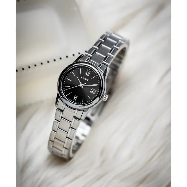 Casio női karóra LTP-V002D-1B3UDF, fekete számlap, acél szíj, dátum, WR30