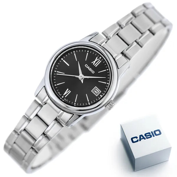 Casio női karóra LTP-V002D-1B3UDF, fekete számlap, acél szíj, dátum, WR30