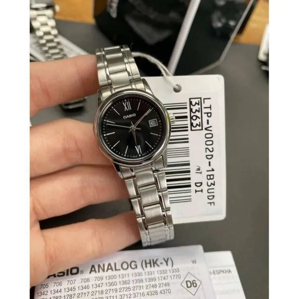 Casio női karóra LTP-V002D-1B3UDF, fekete számlap, acél szíj, dátum, WR30