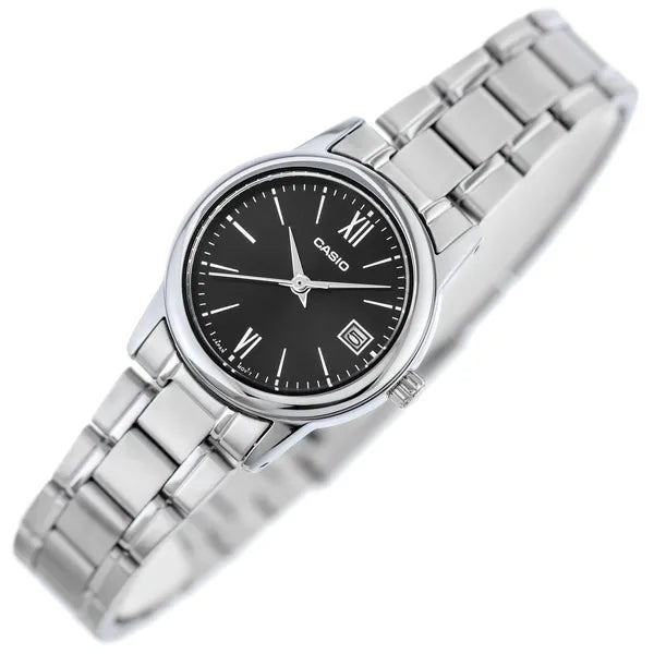 Casio női karóra LTP-V002D-1B3UDF, fekete számlap, acél szíj, dátum, WR30