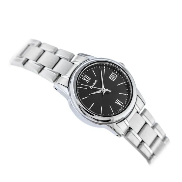 Casio női karóra LTP-V002D-1B3UDF, fekete számlap, acél szíj, dátum, WR30