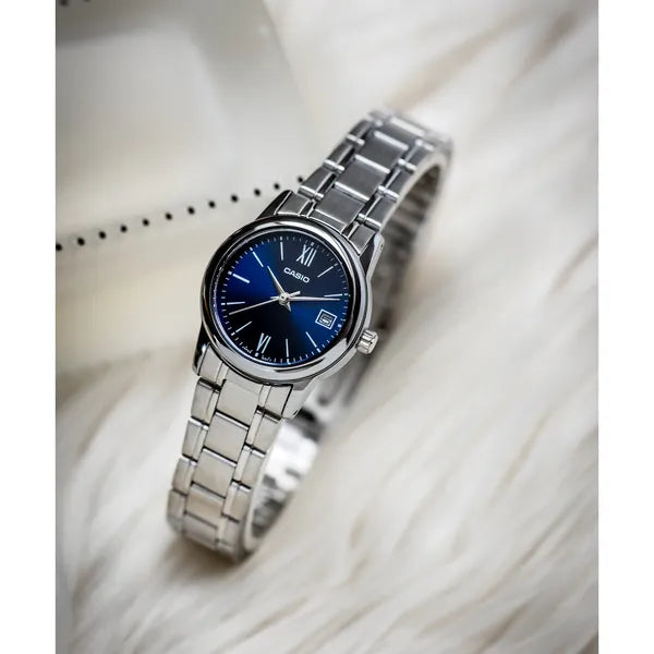 Casio LTP-V002D-2B3UDF női karóra, ezüst acélszíj, kék számlap, WR30