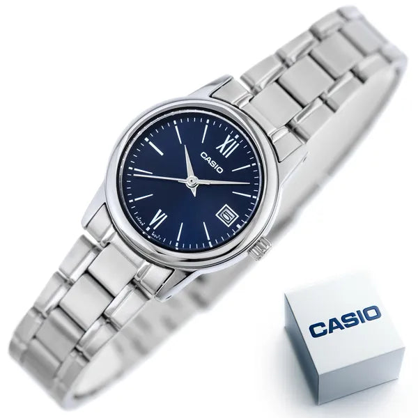 Casio LTP-V002D-2B3UDF női karóra, ezüst acélszíj, kék számlap, WR30