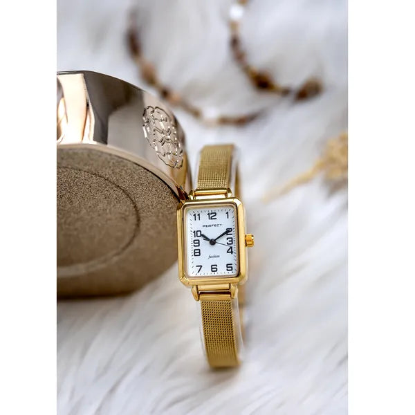 Perfect F112-02 női karóra, arany fémszíj, fehér számlap, 34 mm, WR30 + doboz
