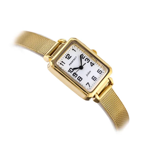 Perfect F112-02 női karóra, arany fémszíj, fehér számlap, 34 mm, WR30 + doboz