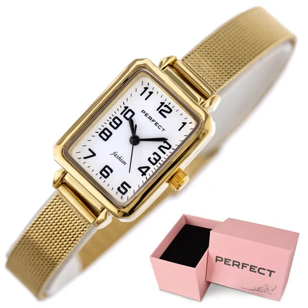 Perfect F112-02 női karóra, arany fémszíj, fehér számlap, 34 mm, WR30 + doboz