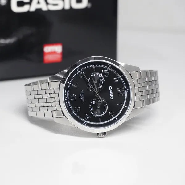 Casio MTP-E340D-1A férfi karóra, acél szíj, fekete számlap, WR50