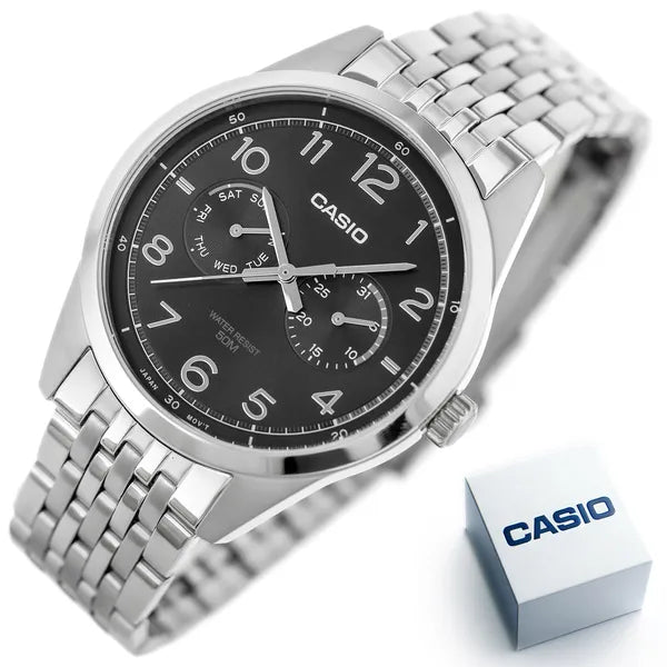 Casio MTP-E340D-1A férfi karóra, acél szíj, fekete számlap, WR50