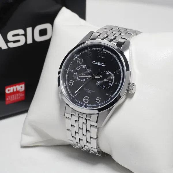Casio MTP-E340D-1A férfi karóra, acél szíj, fekete számlap, WR50