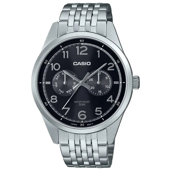 Casio MTP-E340D-1A férfi karóra, acél szíj, fekete számlap, WR50