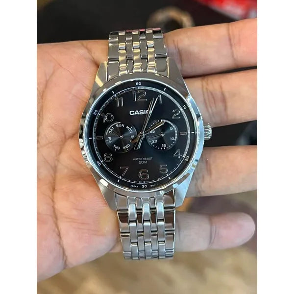 Casio MTP-E340D-1A férfi karóra, acél szíj, fekete számlap, WR50